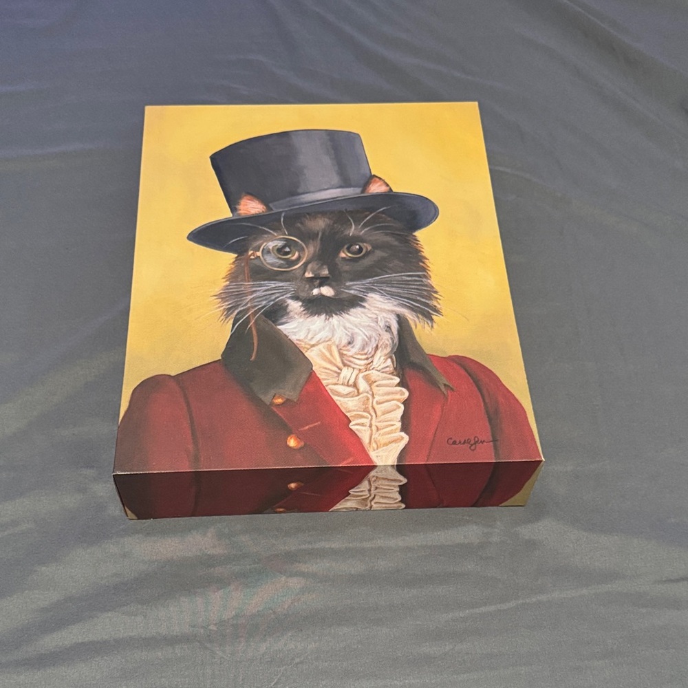 Elegant Cat Portrait Box with Black Hat and Red Coat